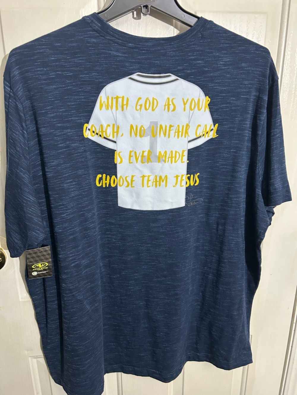 Athletic Works Navy Blue Short-Sleeve Graphic Tee with Yellow Script